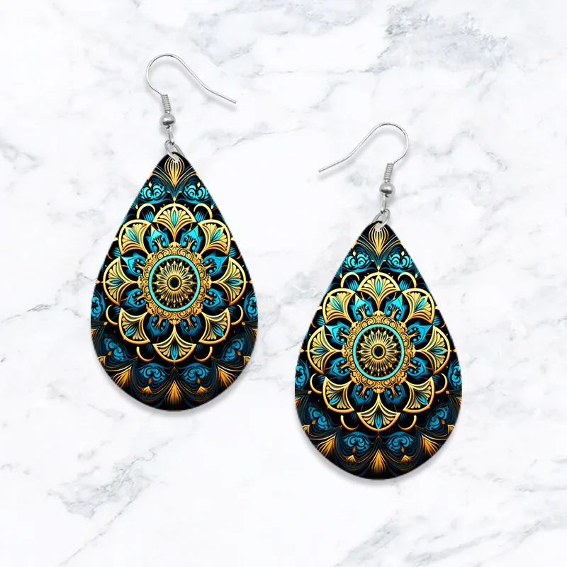 SOMESOOR Bohemian Teardrop Wooden Earrings Colorful Elephant Mandala Sun And Moon Flower Print Pendant Dangle Jewelry For Women