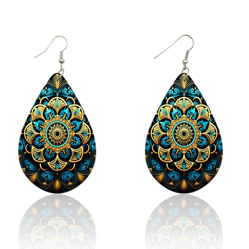 SOMESOOR Bohemian Teardrop Wooden Earrings Colorful Elephant Mandala Sun And Moon Flower Print Pendant Dangle Jewelry For Women