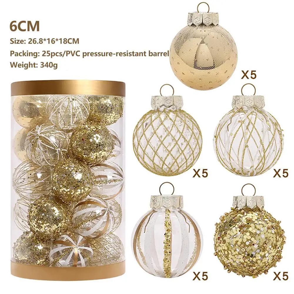Christmas Tree Balls Hanging 25pcs Christmas Ball Ornaments Glittering Christmas Baubles PVC White Gold Ball Decorations Set