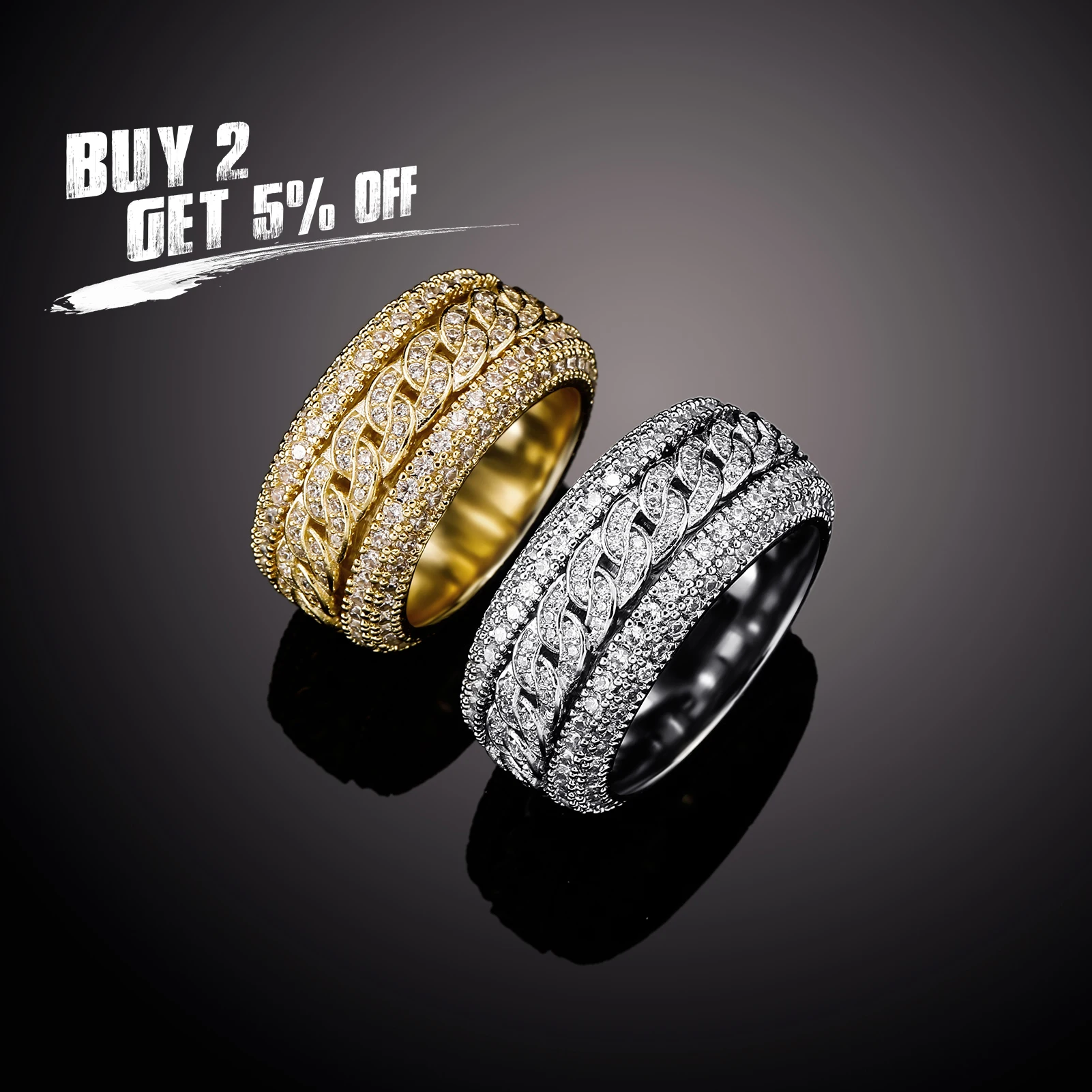GUCY European and American Style High Quality Miami Cuban Chain Devise Ice Cravejado AAA+ Cubic Zircon Ring Jewelry