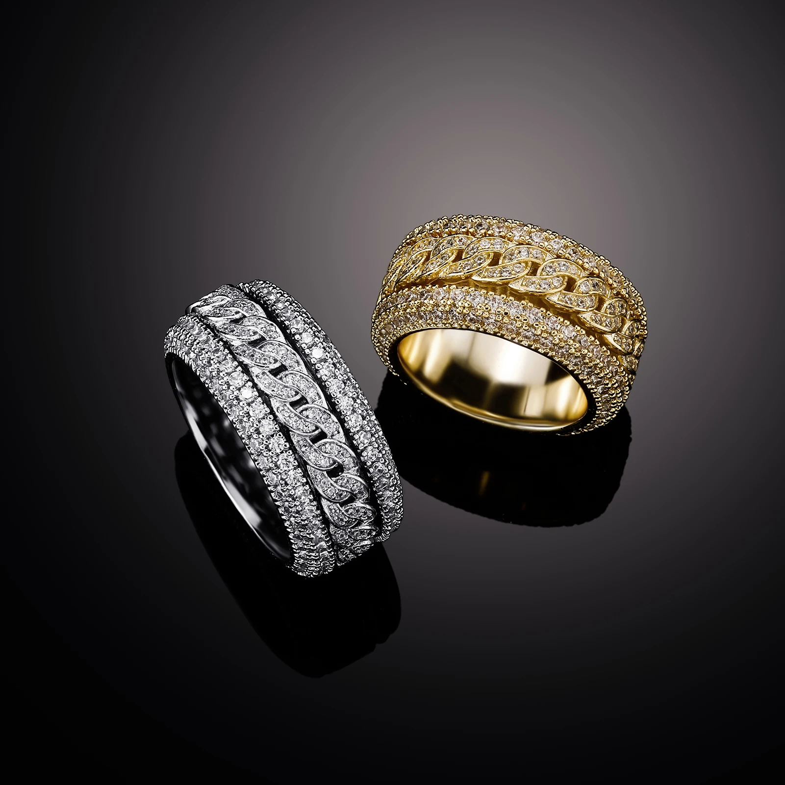 GUCY European and American Style High Quality Miami Cuban Chain Devise Ice Cravejado AAA+ Cubic Zircon Ring Jewelry