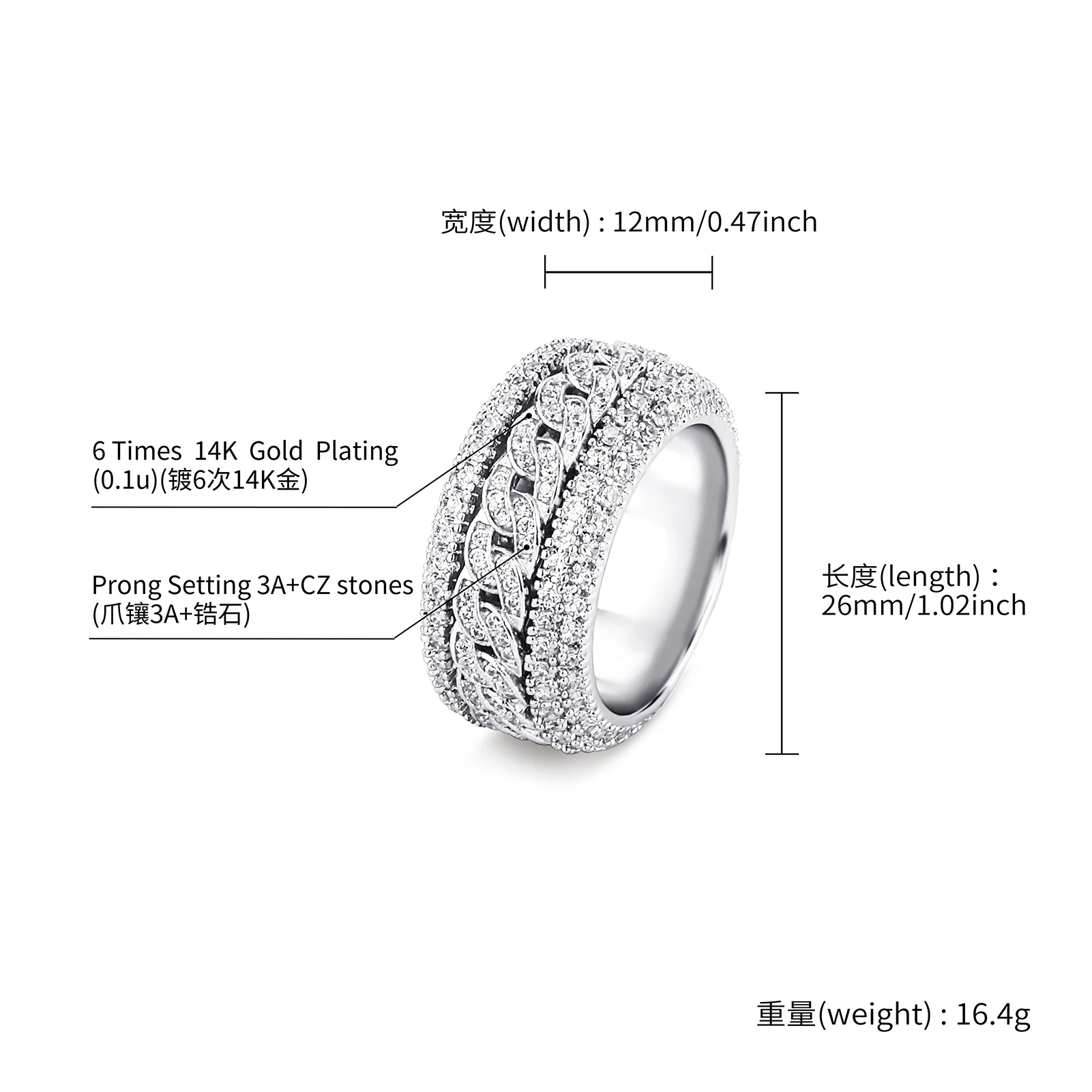 GUCY European and American Style High Quality Miami Cuban Chain Devise Ice Cravejado AAA+ Cubic Zircon Ring Jewelry