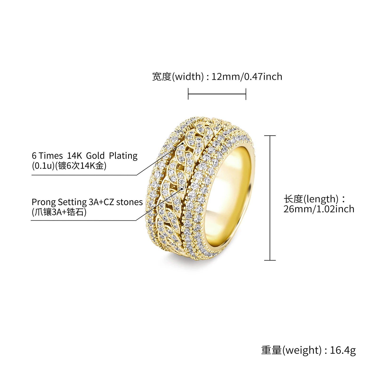 GUCY European and American Style High Quality Miami Cuban Chain Devise Ice Cravejado AAA+ Cubic Zircon Ring Jewelry