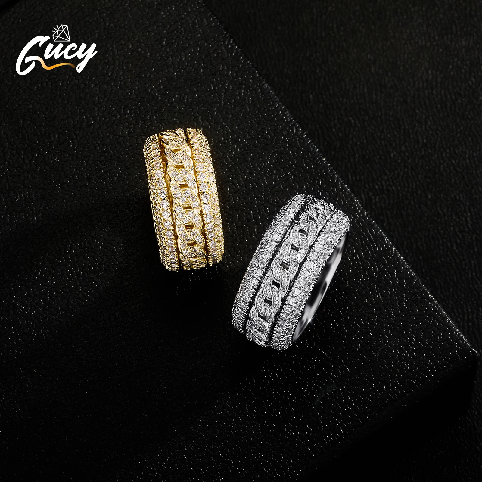GUCY European and American Style High Quality Miami Cuban Chain Devise Ice Cravejado AAA+ Cubic Zircon Ring Jewelry