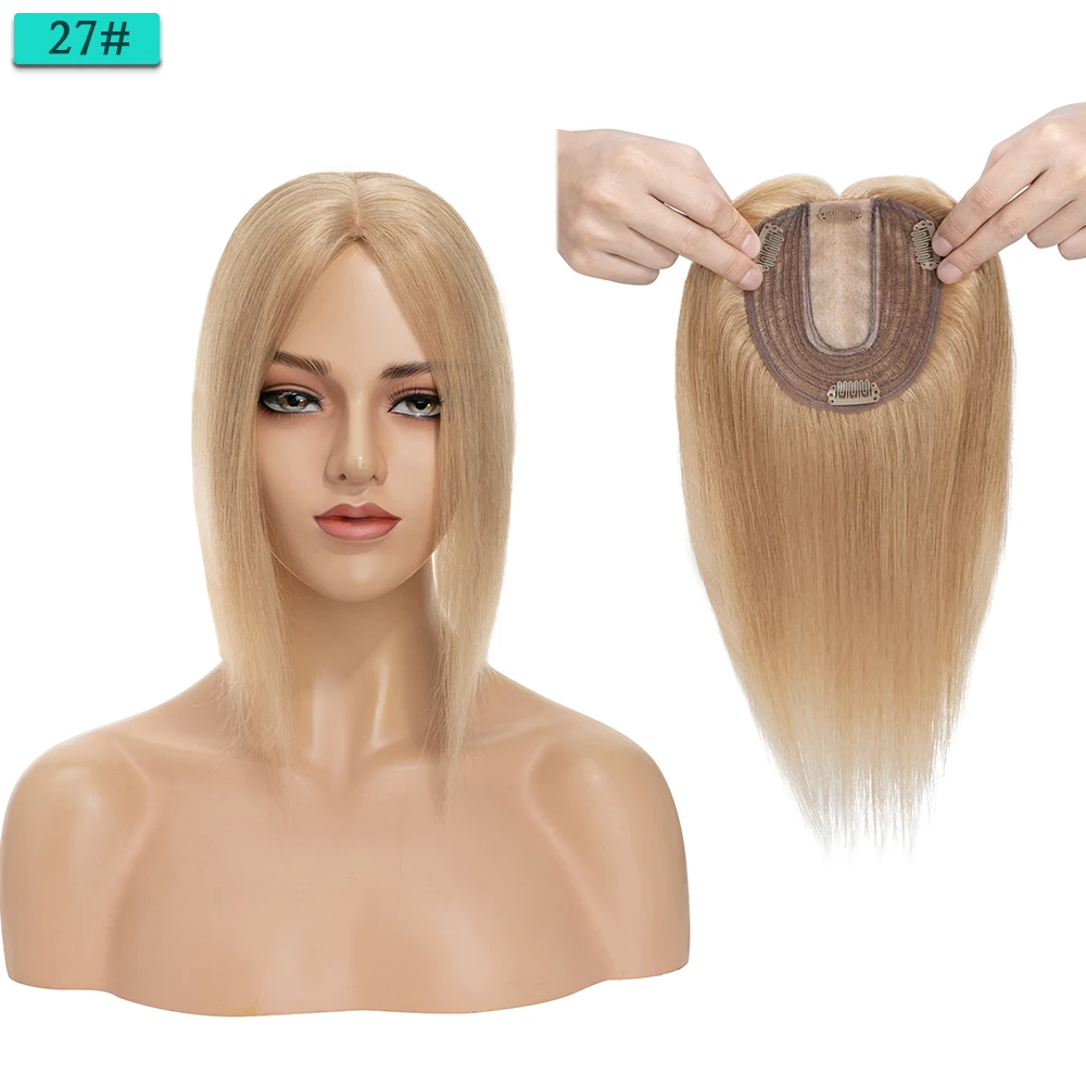 SEGO 10x12cm Women Human Hair Toppers Silk Base Natural Scalp Top Wig Hairpiece Straight 4 Clips In Hair Piece Brown Blonde