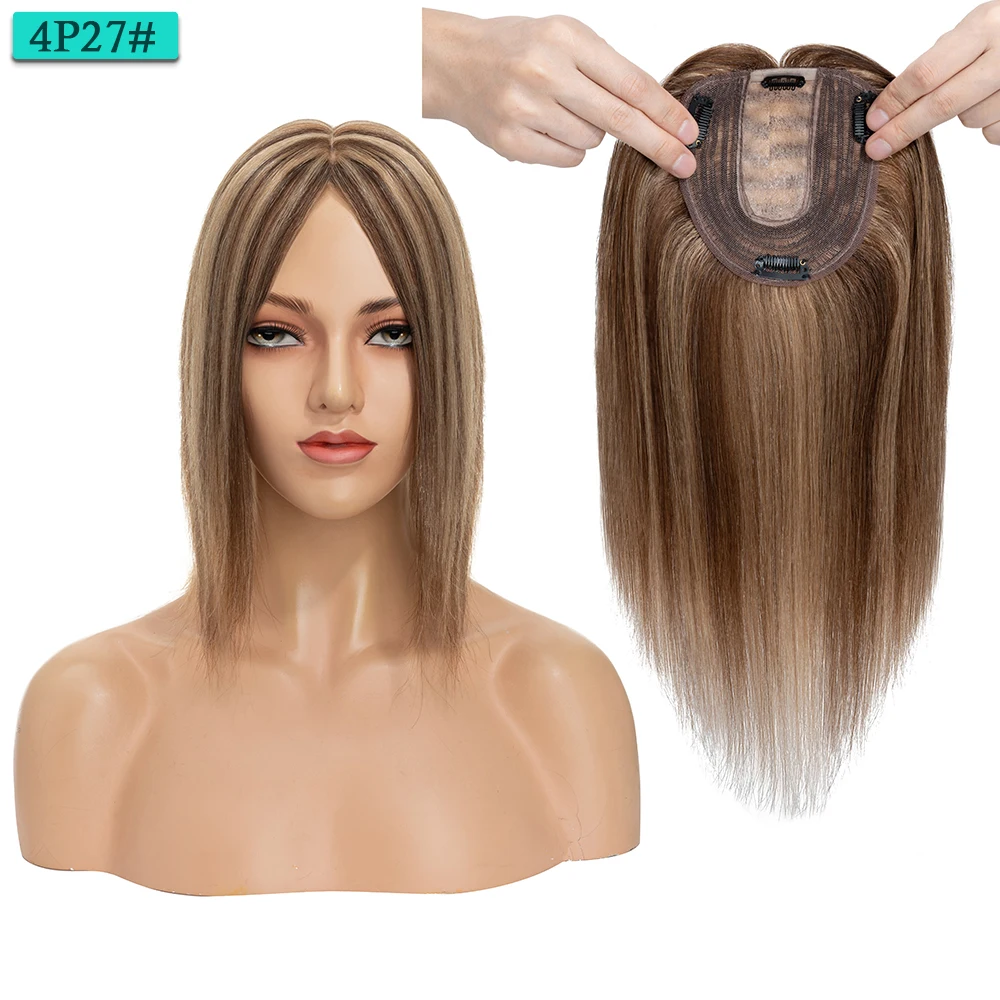 SEGO 10x12cm Women Human Hair Toppers Silk Base Natural Scalp Top Wig Hairpiece Straight 4 Clips In Hair Piece Brown Blonde