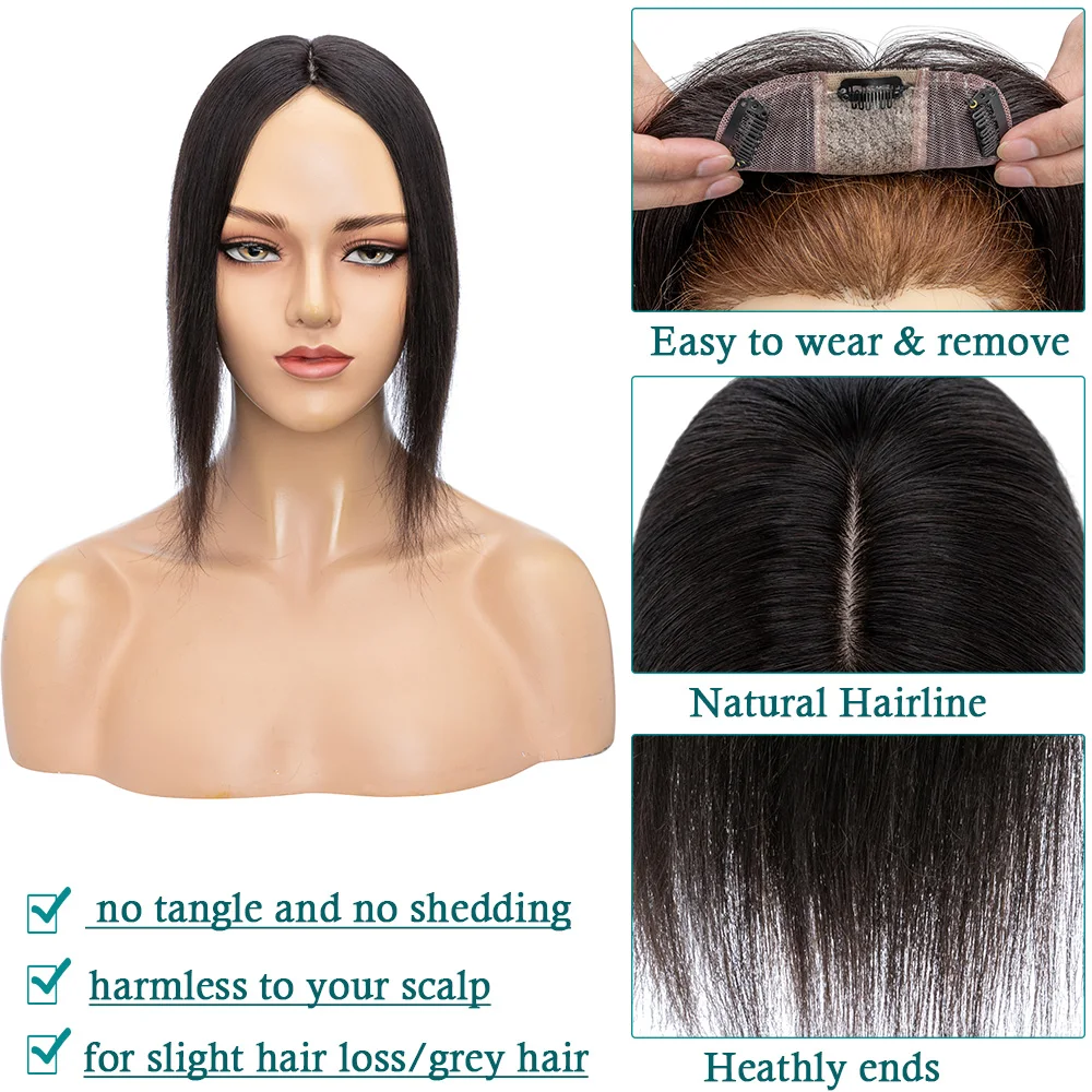 SEGO 10x12cm Women Human Hair Toppers Silk Base Natural Scalp Top Wig Hairpiece Straight 4 Clips In Hair Piece Brown Blonde