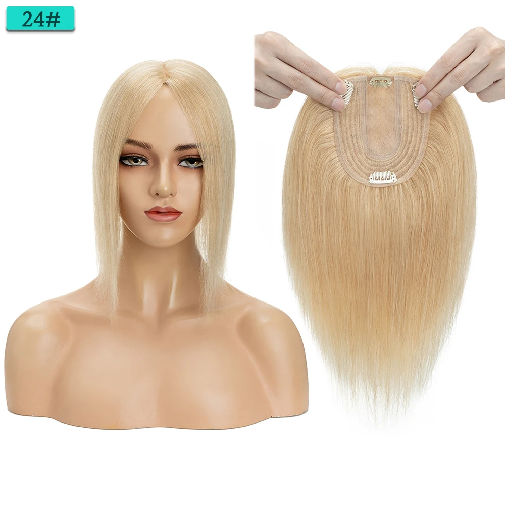 SEGO 10x12cm Women Human Hair Toppers Silk Base Natural Scalp Top Wig Hairpiece Straight 4 Clips In Hair Piece Brown Blonde