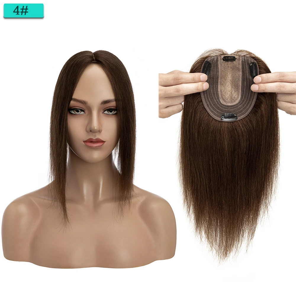 SEGO 10x12cm Women Human Hair Toppers Silk Base Natural Scalp Top Wig Hairpiece Straight 4 Clips In Hair Piece Brown Blonde