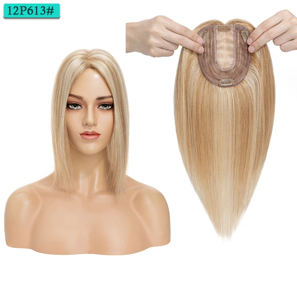 SEGO 10x12cm Women Human Hair Toppers Silk Base Natural Scalp Top Wig Hairpiece Straight 4 Clips In Hair Piece Brown Blonde