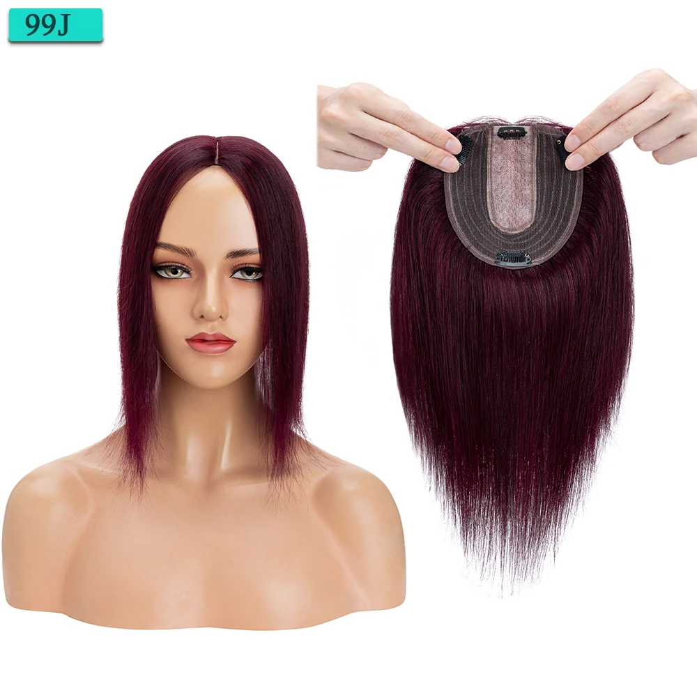 SEGO 10x12cm Women Human Hair Toppers Silk Base Natural Scalp Top Wig Hairpiece Straight 4 Clips In Hair Piece Brown Blonde