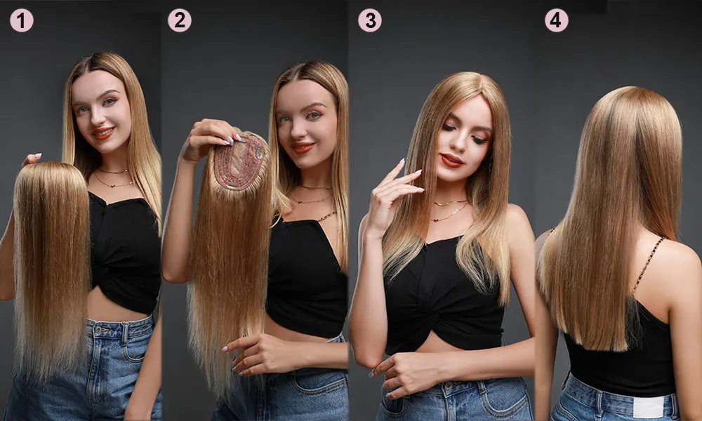 SEGO 10x12cm Women Human Hair Toppers Silk Base Natural Scalp Top Wig Hairpiece Straight 4 Clips In Hair Piece Brown Blonde