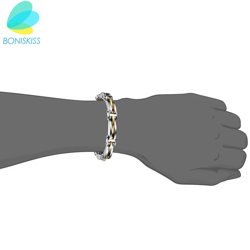 BONISKISS Men Boys Stainless Steel Two Tone Rhombus Cool Link Bangle Bracelet Cuff Gold/Silver Color Wristband Jewelry Xmas Gift