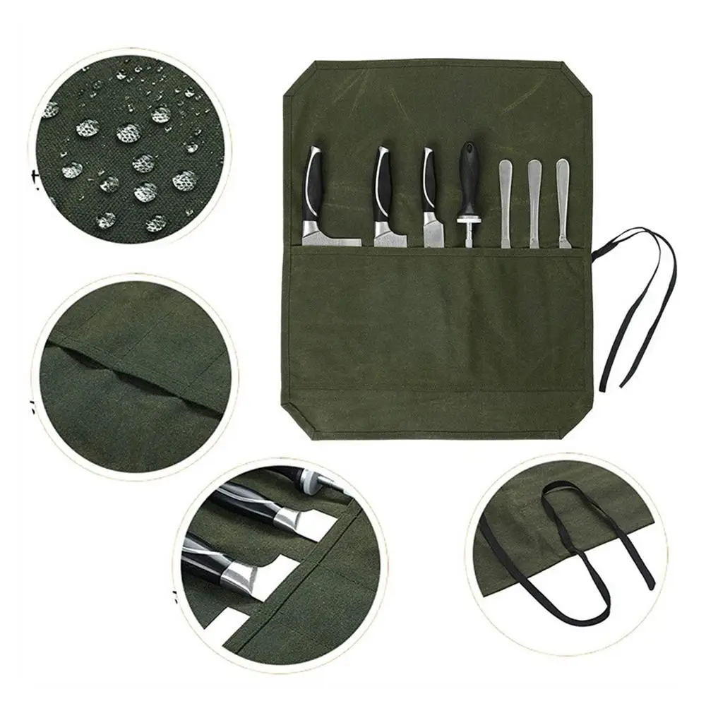 Roll Up Knives Bag Waxed Canvas Cutlery Knives Holders Protectors 7 Slots Durable Canvas Chef Knives Roll Bag Canvas Knifes
