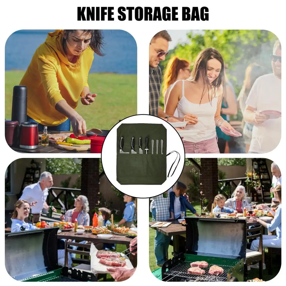 Roll Up Knives Bag Waxed Canvas Cutlery Knives Holders Protectors 7 Slots Durable Canvas Chef Knives Roll Bag Canvas Knifes