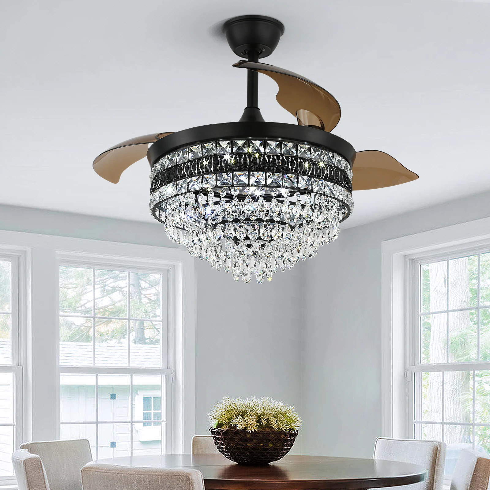 Modern Smart Ceiling Fan Chandelier Gold RC Adjustable 6 Speed Pendant Light Luminaire Bedroom 3 Heads Led Fandelier Lamp Indoor