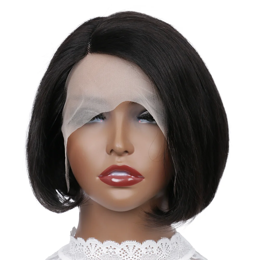 Natural Color Side Part BOB Lace Wig Pixie Cut Wigs For Women Remy Straight Human Hair Transparent T Part Gluess Lace Bob Wig