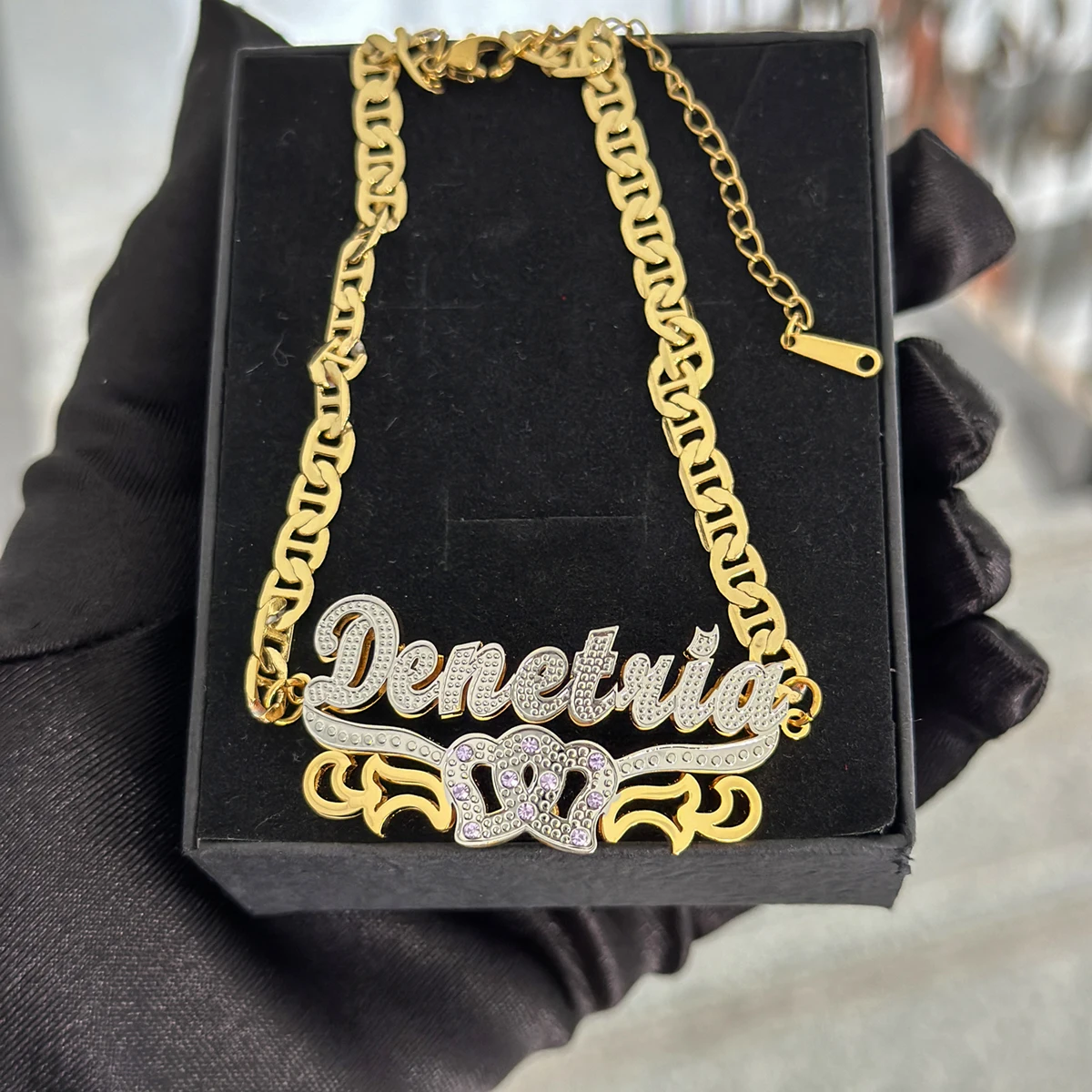 Personalized 3D Nameplate Set Name Necklace Custom Stainless Steel 3D Birthstone Bracelet Necklace Set Two-Tone Chain For Women
