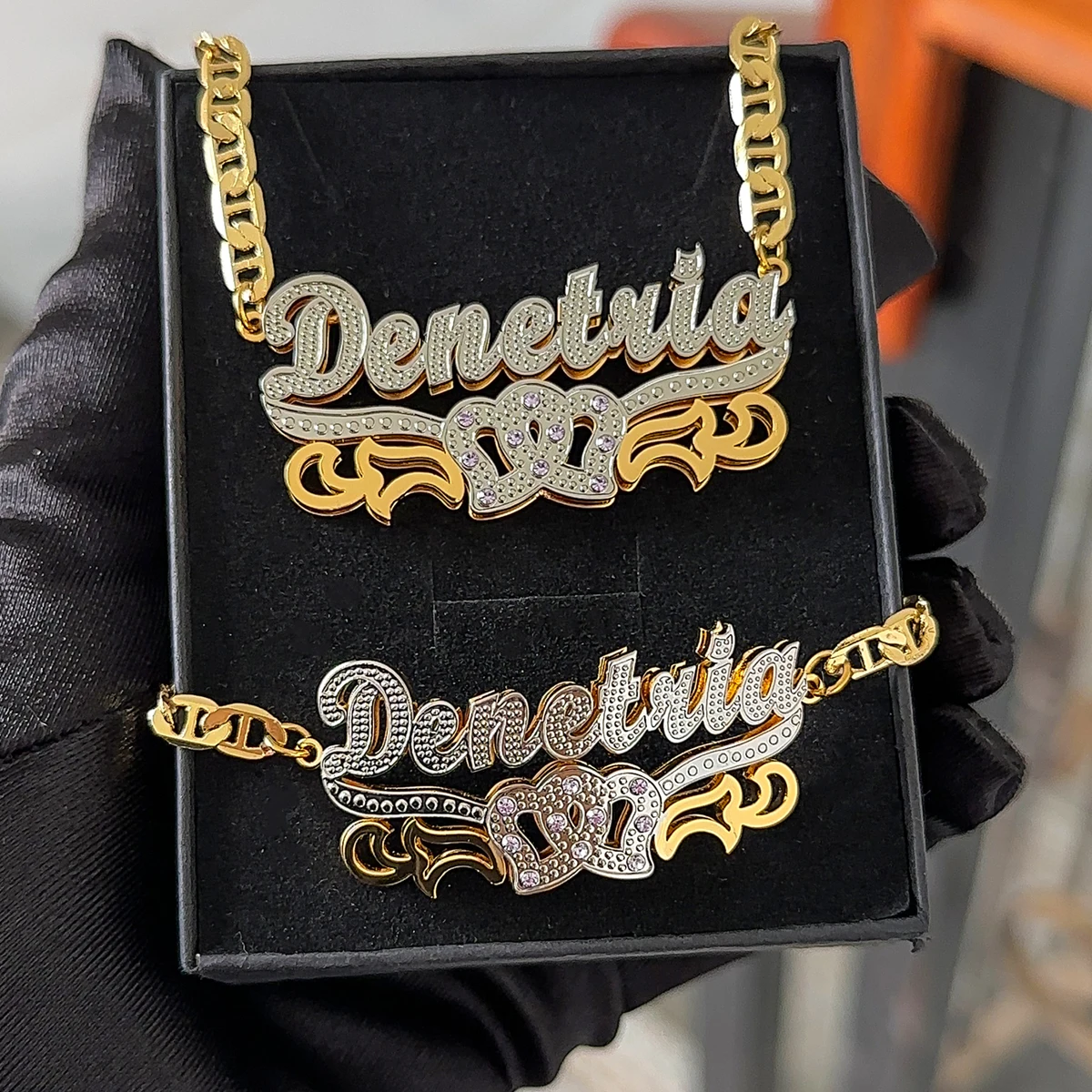 Personalized 3D Nameplate Set Name Necklace Custom Stainless Steel 3D Birthstone Bracelet Necklace Set Two-Tone Chain For Women