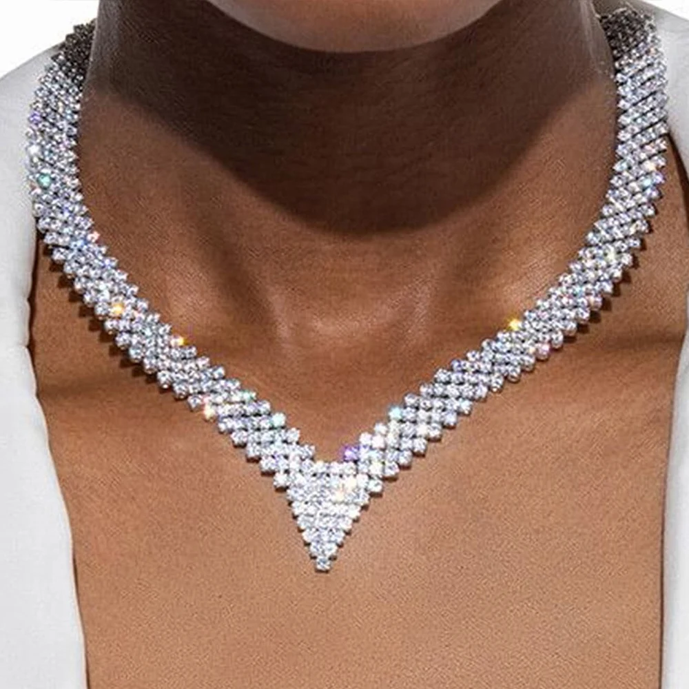 Fashion Ladies Rhombus Necklace V Shape for Women Free Shipping Charm Rhinestone Chain Necklace Choker Party Jewelry Gift 2023