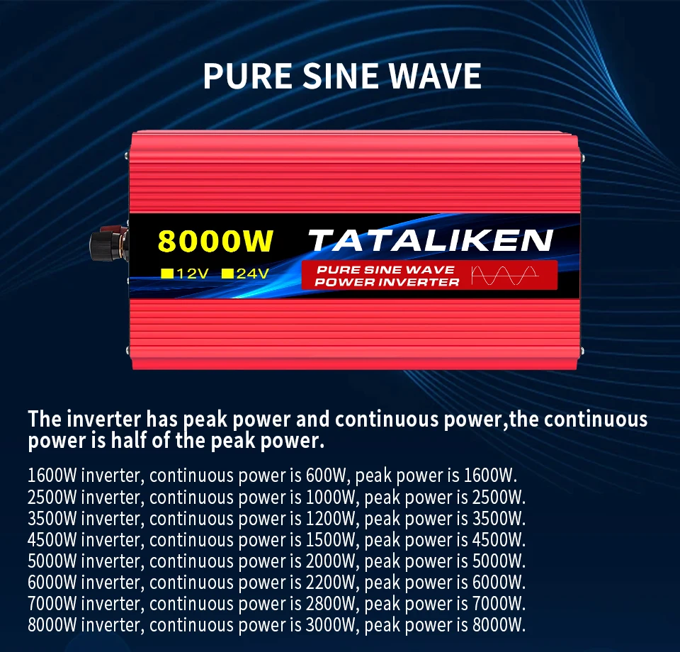 Pure Sine Wave Inverter DC12V/24V To AC110V 60HZ 1600W 2500W 3500W 4500W 5000W 6000W 7000W 8000W Power Voltage Converte