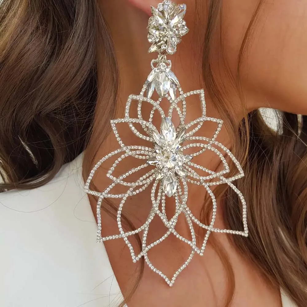 Stonefans New Hollow Exaggerate Flower Earrings Prom Wedding Decoration Fashion Women Rhinestone Dangle Earrings Accessories