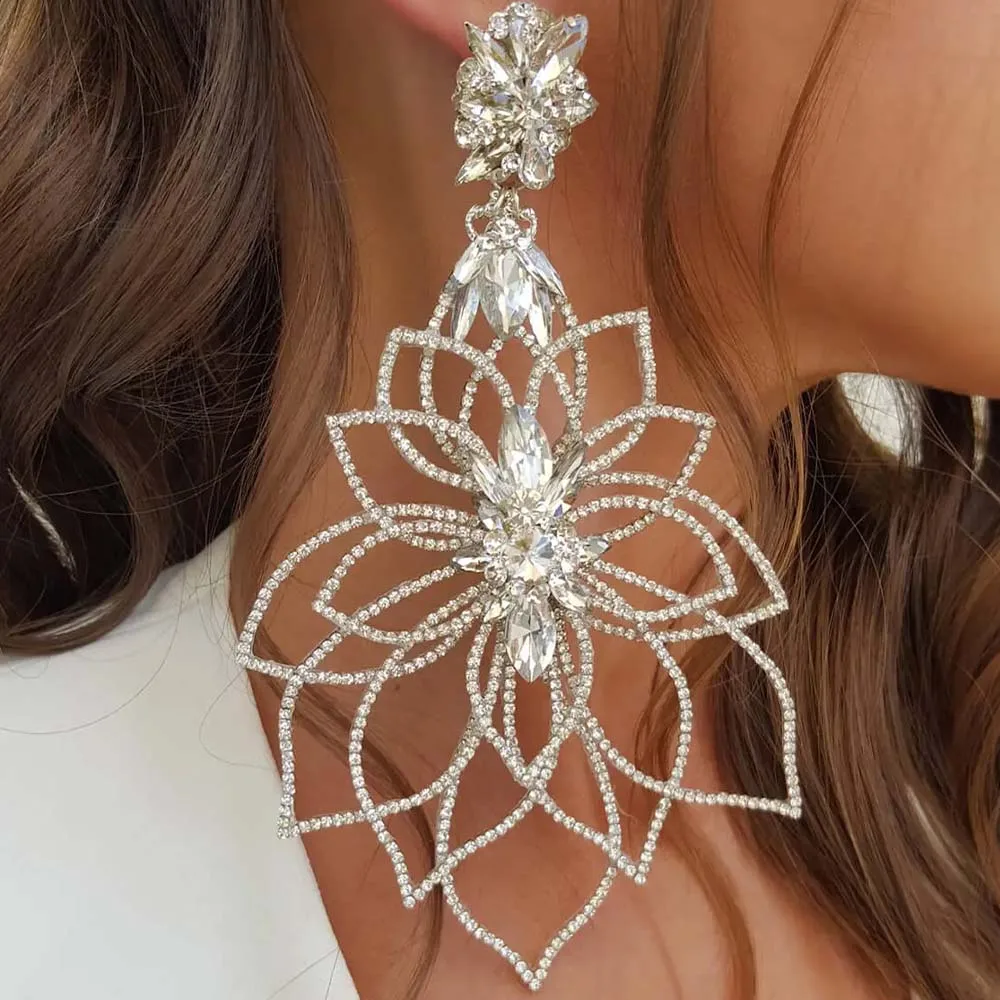 Stonefans New Hollow Exaggerate Flower Earrings Prom Wedding Decoration Fashion Women Rhinestone Dangle Earrings Accessories