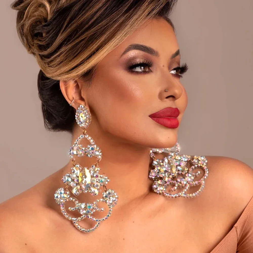 Stonefans New Hollow Exaggerate Flower Earrings Prom Wedding Decoration Fashion Women Rhinestone Dangle Earrings Accessories