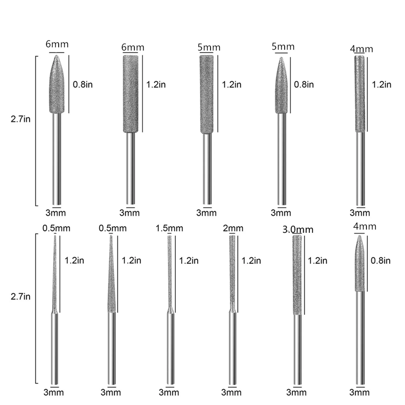 11Pcs Diamond Grinding Burr Needle Point Engraving Carving Polishing For Glass Stone 1/8" Shank 3mm Drill Bit Rotary Tool Set