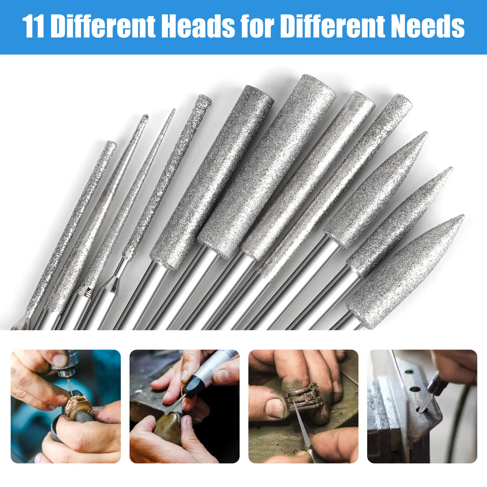 11Pcs Diamond Grinding Burr Needle Point Engraving Carving Polishing For Glass Stone 1/8" Shank 3mm Drill Bit Rotary Tool Set