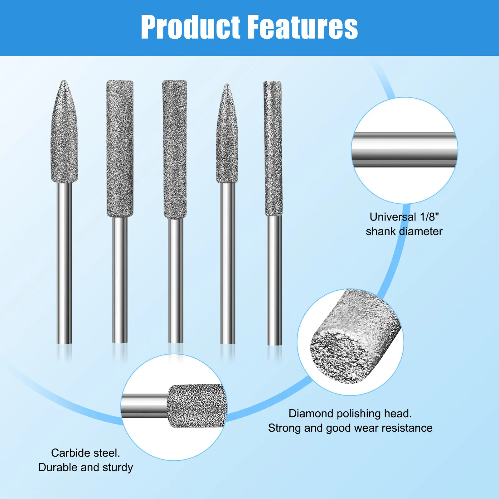 11Pcs Diamond Grinding Burr Needle Point Engraving Carving Polishing For Glass Stone 1/8" Shank 3mm Drill Bit Rotary Tool Set