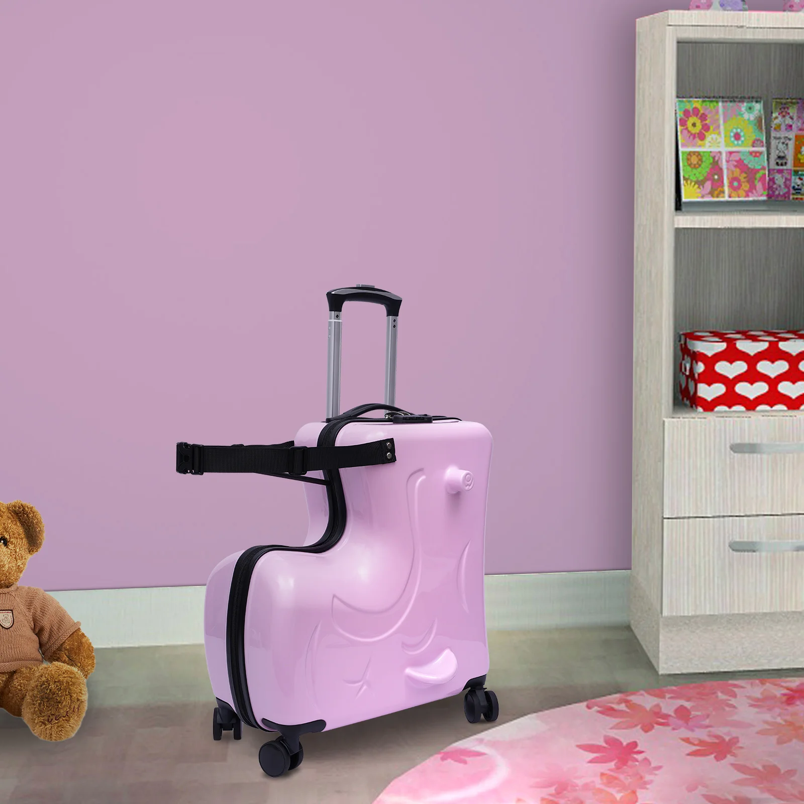20" Pink / Blue Spinner Luggage Kids Ride-On Roll Suitcase Luggage Bags Wheeled Trolley Luggage Waterproof
