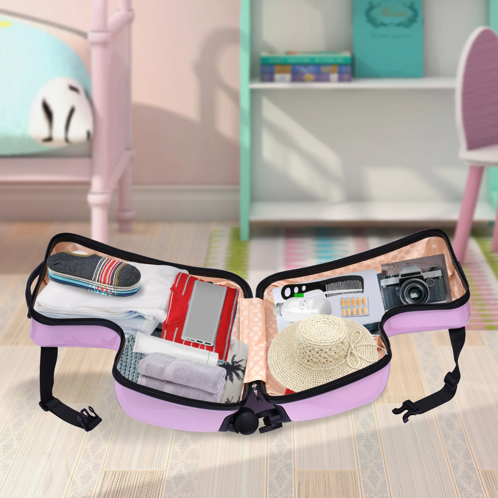 20" Pink / Blue Spinner Luggage Kids Ride-On Roll Suitcase Luggage Bags Wheeled Trolley Luggage Waterproof