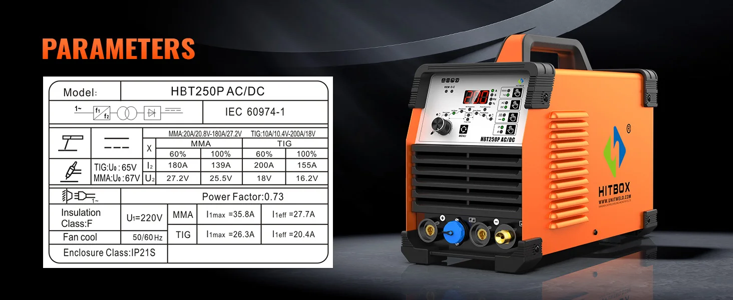 AC/DC TIG Welder HITBOX HBT250P HF TIG MMA ARC Stick Pulse Argon 2T/4T IGBT Inverter Aluminum Welding Machine EU Plug