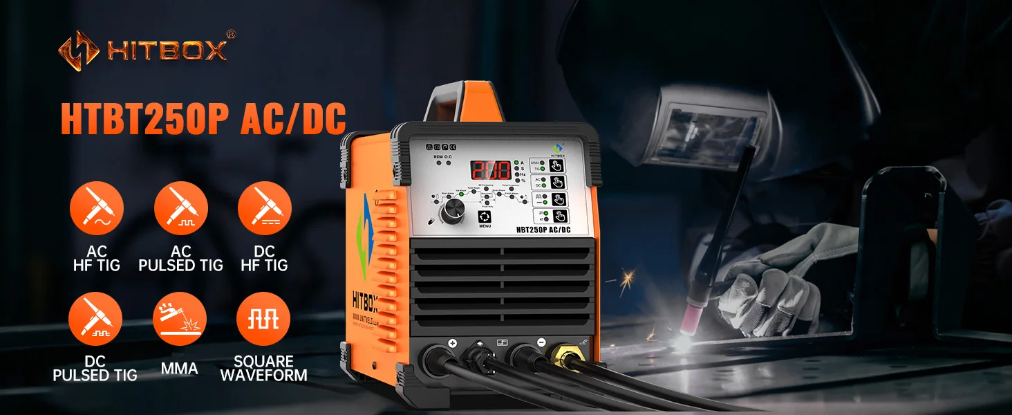 AC/DC TIG Welder HITBOX HBT250P HF TIG MMA ARC Stick Pulse Argon 2T/4T IGBT Inverter Aluminum Welding Machine EU Plug
