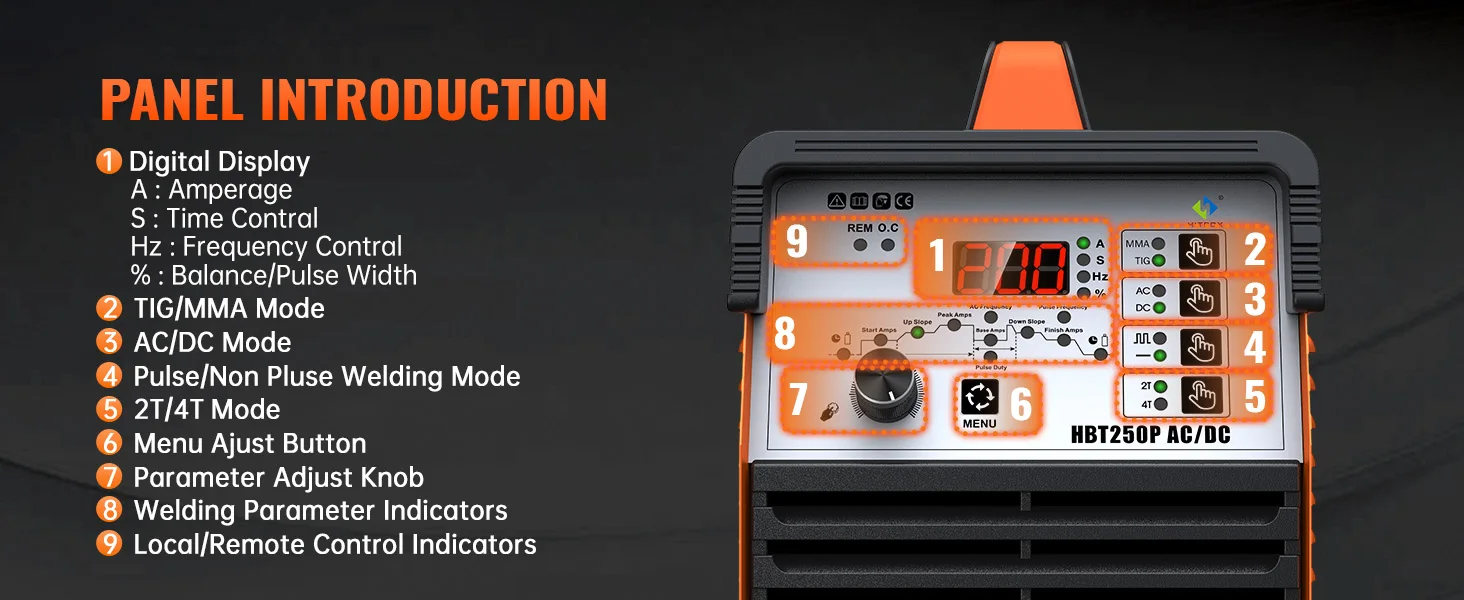 AC/DC TIG Welder HITBOX HBT250P HF TIG MMA ARC Stick Pulse Argon 2T/4T IGBT Inverter Aluminum Welding Machine EU Plug