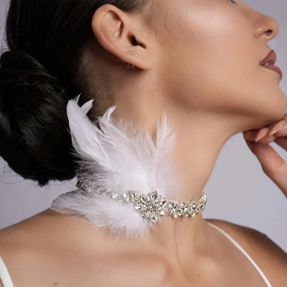 Stonefans Feather Geometry Choker Necklace Sexy Rhinestone Flapper headpiece. Great Gatsby White Headband Forehead Jewelry 1920s