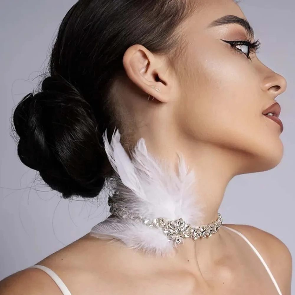 Stonefans Feather Geometry Choker Necklace Sexy Rhinestone Flapper headpiece. Great Gatsby White Headband Forehead Jewelry 1920s