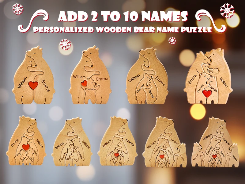 Personalized Custom Bear Family Wooden Puzzle DIY Free Engraving Name Sculpture Home DeskDecor Figurines Christmas Birthday Gift