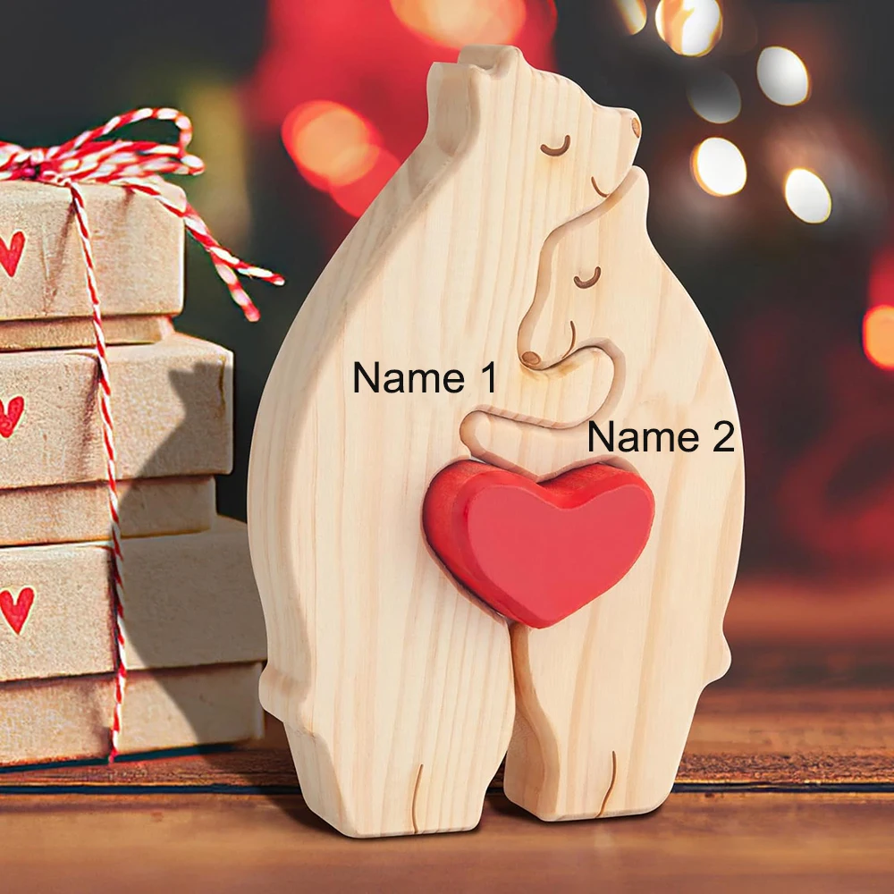 Personalized Custom Bear Family Wooden Puzzle DIY Free Engraving Name Sculpture Home DeskDecor Figurines Christmas Birthday Gift