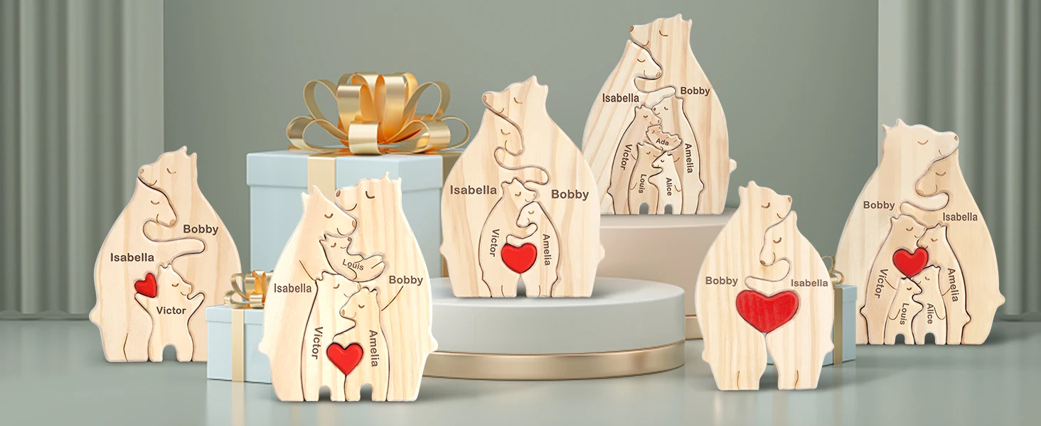 Personalized Custom Bear Family Wooden Puzzle DIY Free Engraving Name Sculpture Home DeskDecor Figurines Christmas Birthday Gift