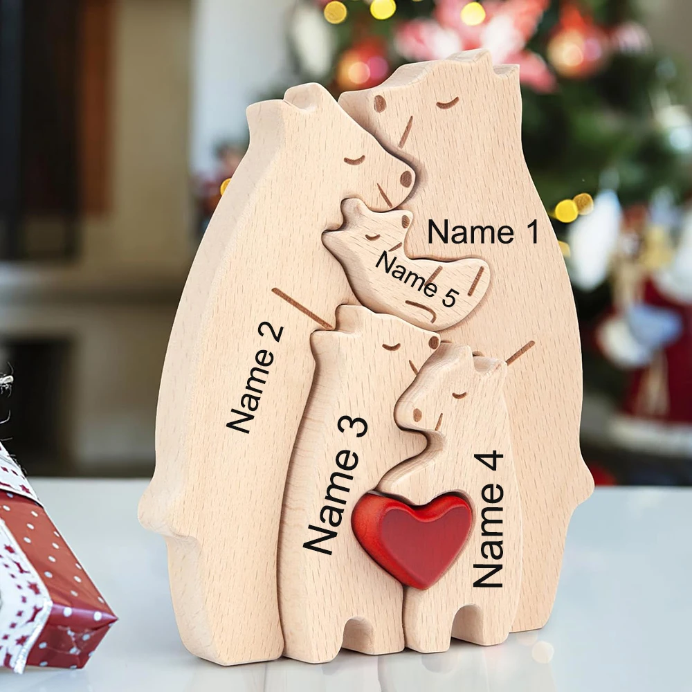 Personalized Custom Bear Family Wooden Puzzle DIY Free Engraving Name Sculpture Home DeskDecor Figurines Christmas Birthday Gift