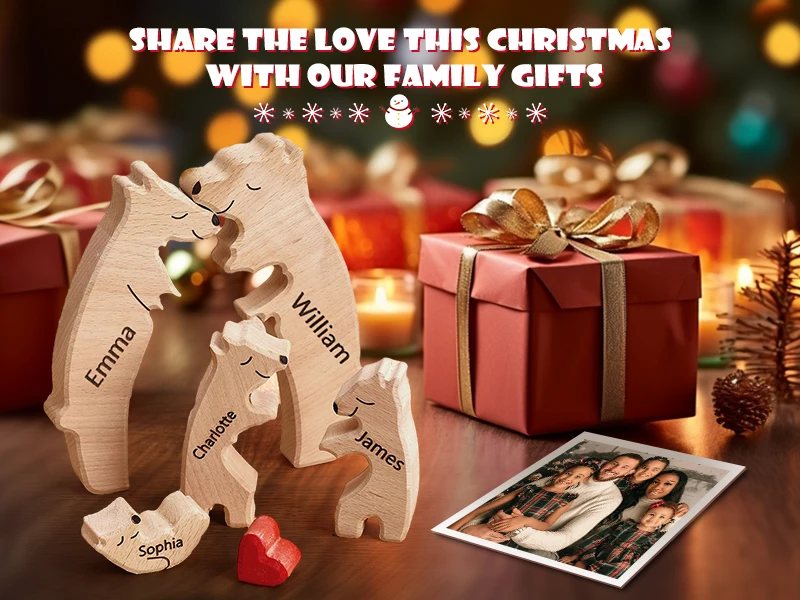 Personalized Custom Bear Family Wooden Puzzle DIY Free Engraving Name Sculpture Home DeskDecor Figurines Christmas Birthday Gift