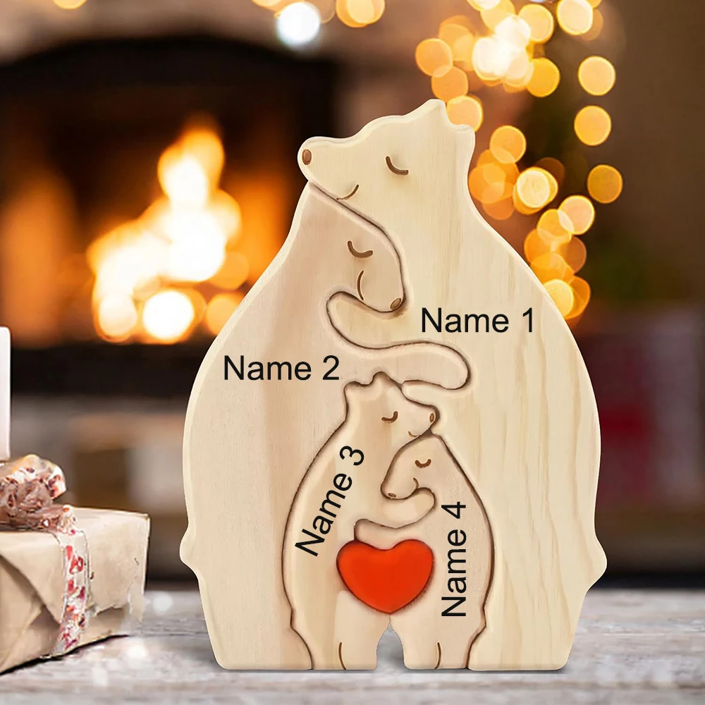 Personalized Custom Bear Family Wooden Puzzle DIY Free Engraving Name Sculpture Home DeskDecor Figurines Christmas Birthday Gift