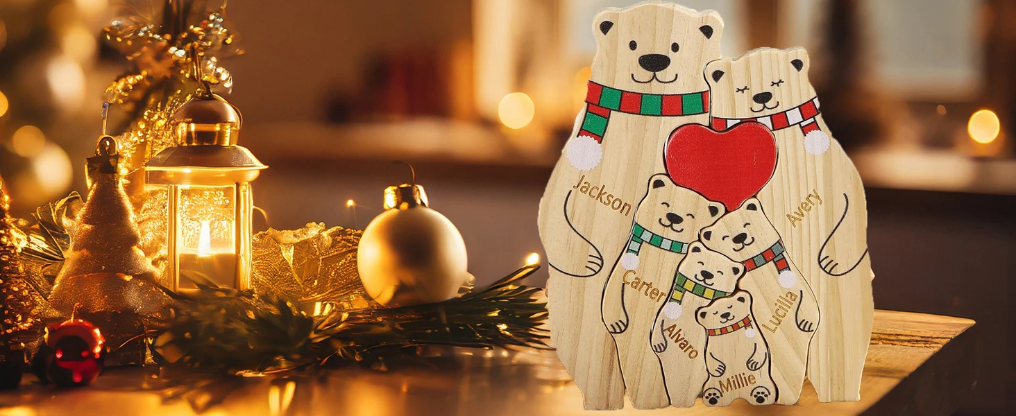 Personalized Custom Bear Family Wooden Puzzle DIY Free Engraving Name Sculpture Home DeskDecor Figurines Christmas Birthday Gift