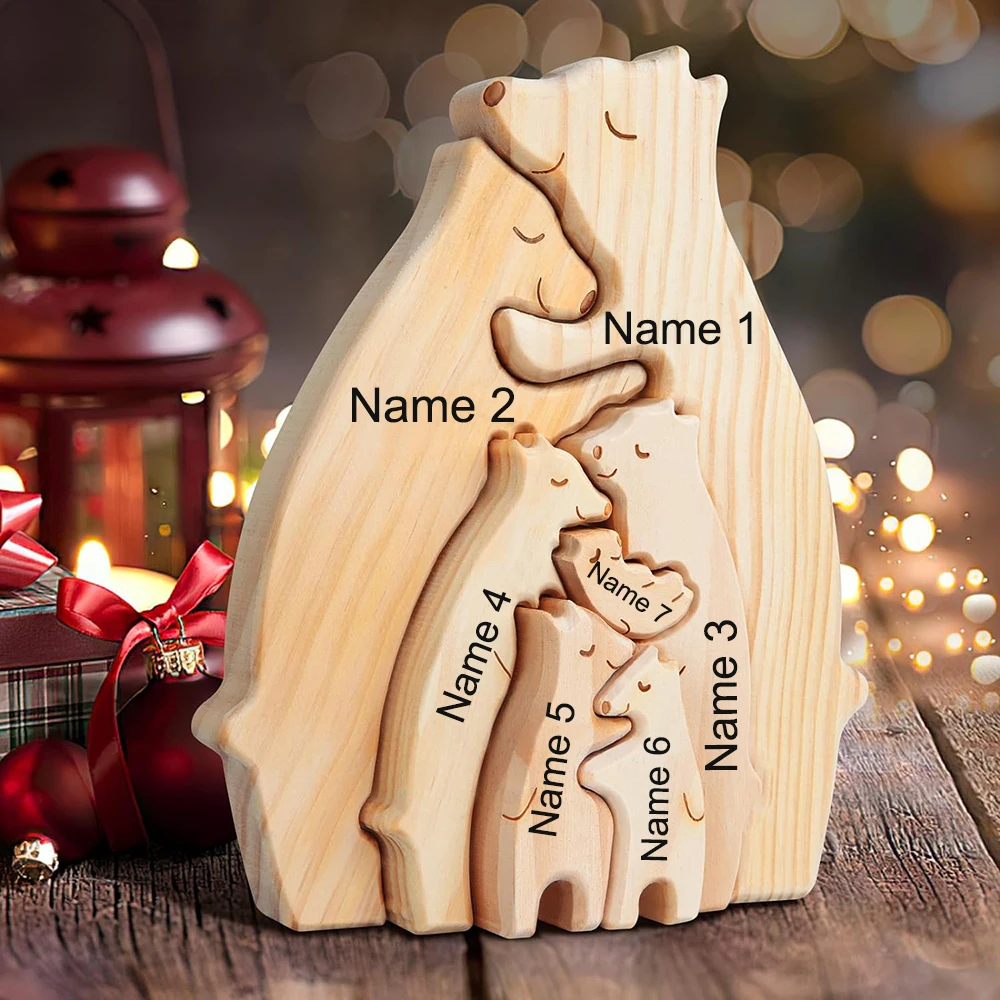 Personalized Custom Bear Family Wooden Puzzle DIY Free Engraving Name Sculpture Home DeskDecor Figurines Christmas Birthday Gift
