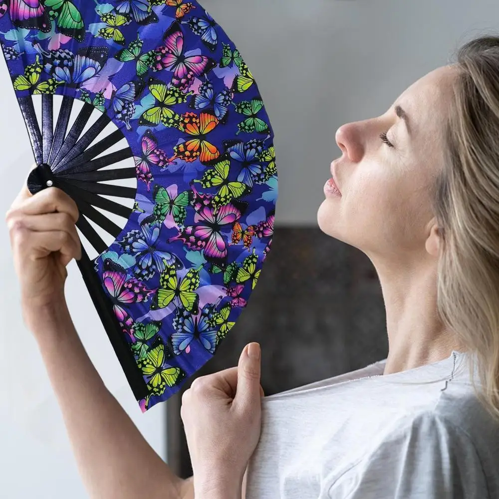 Portable Folding Fans Oxford Fabric Fluorescent Folding Fan Cute Collapsible Fans For Dances Stage Performances Colorful Folding