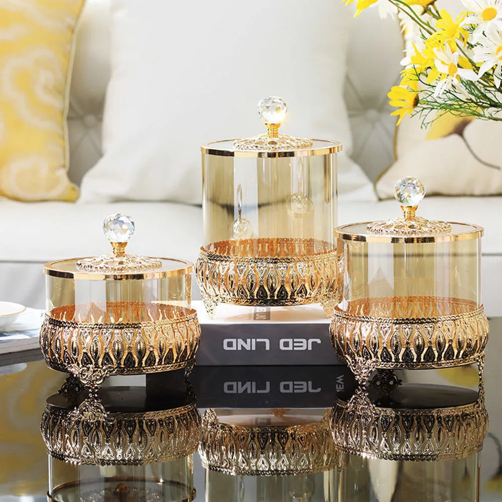 Luxury Style Gold Crystal Glass with Lid Decorative Storage Jar American European Coffee Table Candy Jar Decorative Ornaments