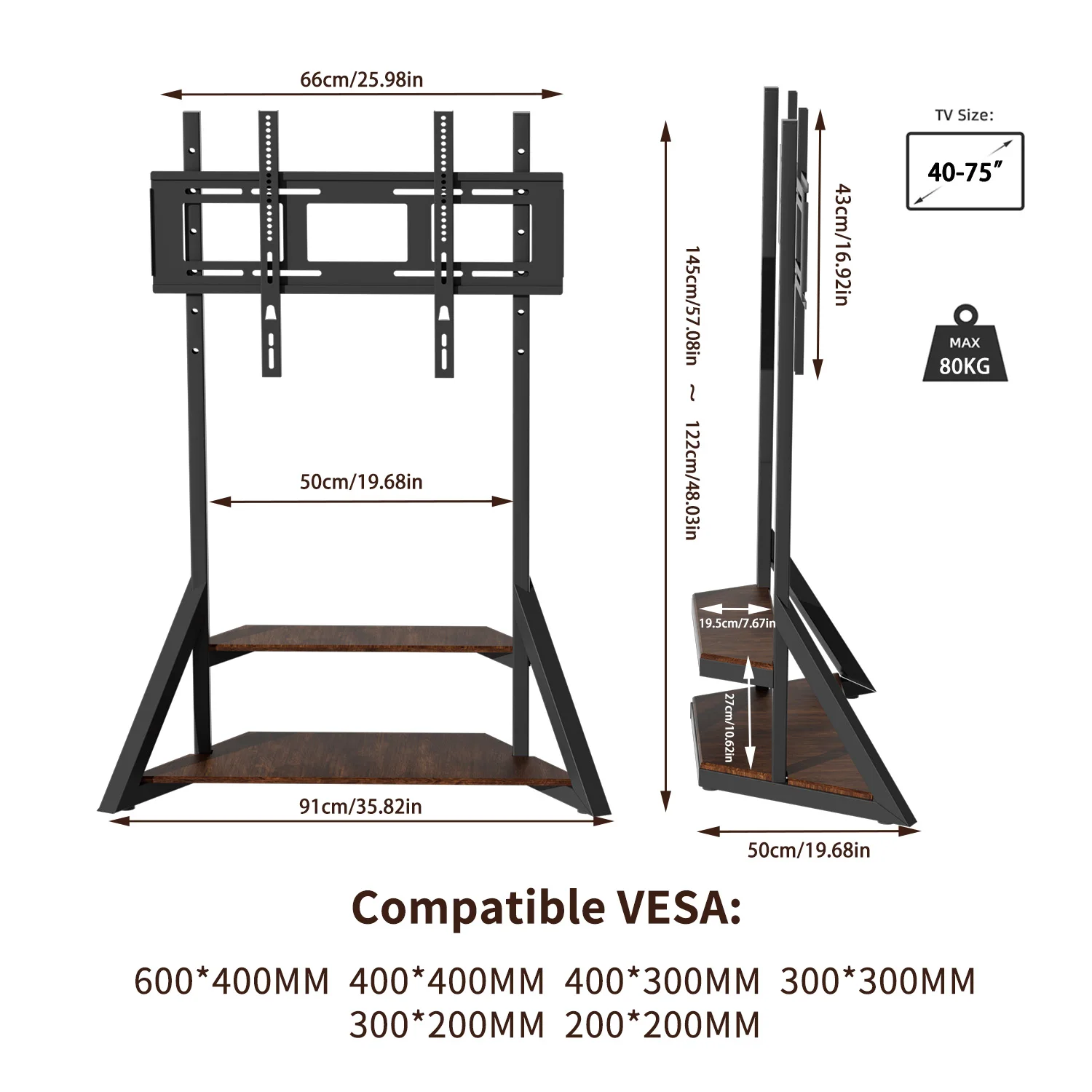 Adjustable Height Rolling TV Floor Stand Industrial Television TV Mount Bracket for 40-75 Inches Max Load 80KG