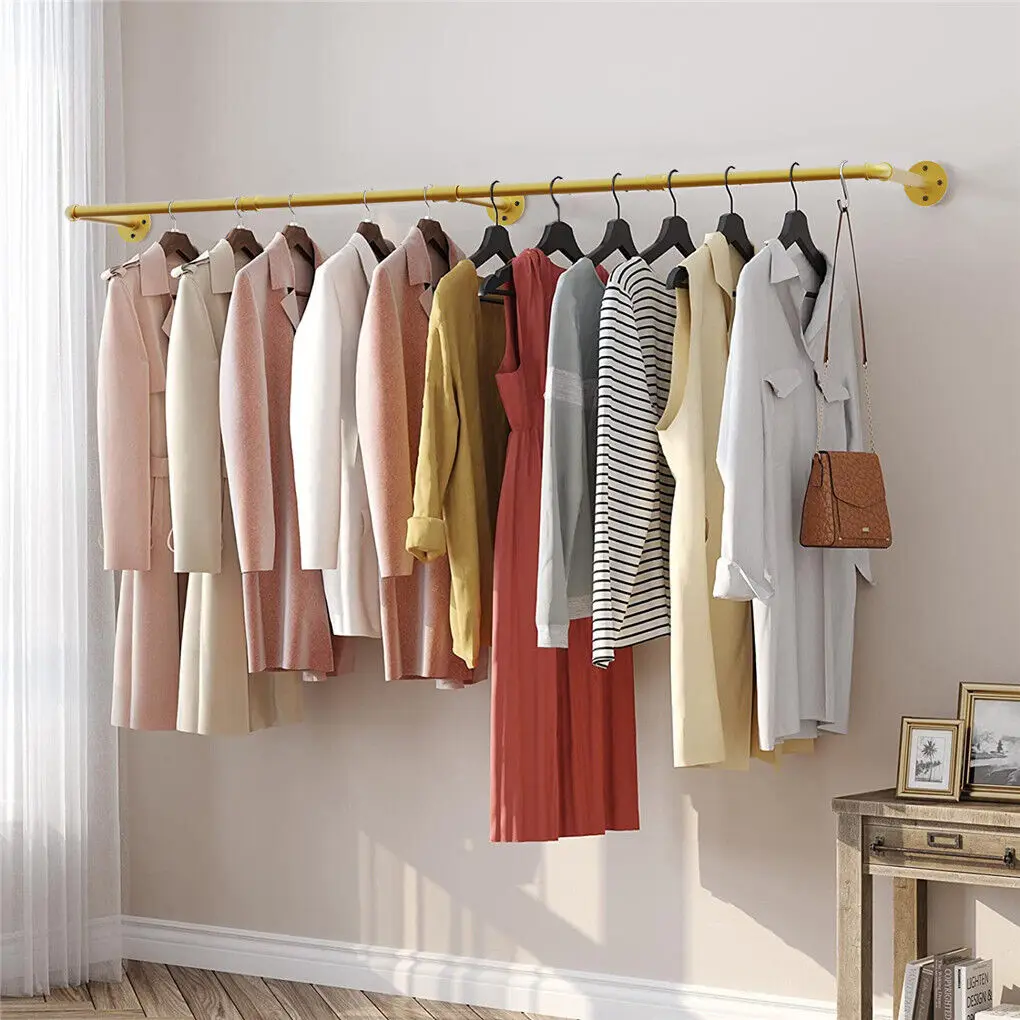 70.8 Inch Industrial Pipe Clothing Rack Wall Mounted Clothes Rail Garment Hanging Bar Rod Display Rack Closet Storage